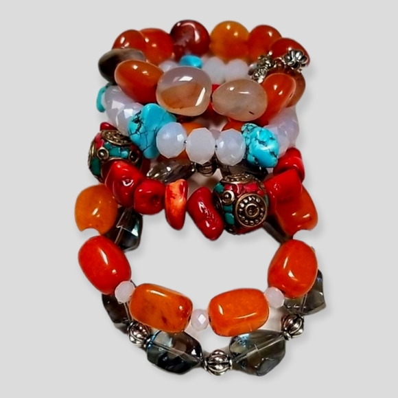 Hand Crafted Boho Beaded Agate, Coral, Turquoise and Amber Wrap Bracelet - Picture 3 of 16